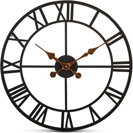 Products Extra Large Wall Clock 20 Inch Wrought Iron Black Metal, Quartz Battery Operated Rustic Design Roman Numeral European Farmhouse Distressed for Living Room, Kitchen, Bedroom, Office