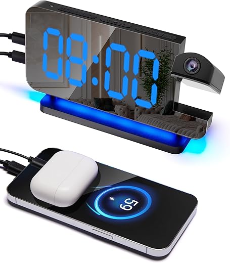 Projection Alarm Clock, 6.5'' Digital Mirror Projection Alarm Clock, 180° Projection Clock for Bedroom Ceiling, 11-Color & 6 Brightness & Loud Alarm Clock with USB C Port[Alarm Clock for Kids/Adults]