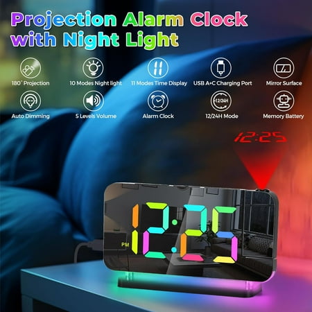 Projection Alarm Clock,7.4 Led Rgb Digital Clocks Large Display,With 180° Rotatabl[1041]