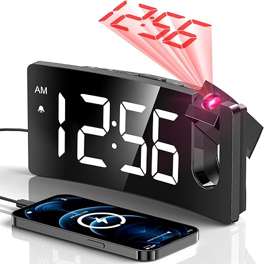 Projection Alarm Clock, Digital Clock with 180° Rotatable Projector, 3-Level Brightness Dimmer, Clear LED Display, USB Charger, Progressive Volume, 9mins Snooze,12/24H, Digital Alarm Clock for Bedroom