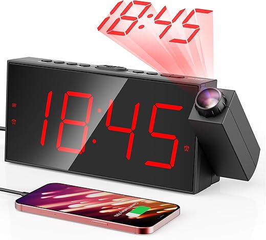 Projection Alarm Clock, Digital Clock with 180° Rotatable Projector, 5-Level Brightness Dimmer, Clear LED Display, USB Charger, Progressive Volume, 9mins Snooze,12/24H, for Bedroom