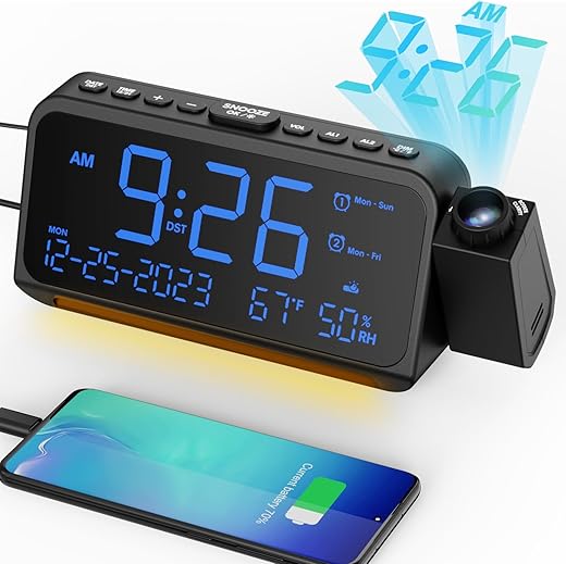 Projection Alarm Clock for Bedroom Ceiling, Digital Clock Projector with Weekday/Weekend Mode, Date, Temperature, Humidity, Type-C USB Charger, Snooze, Dual Alarms, Dimmer,12/24H