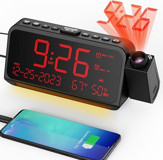 Projection Alarm Clock for Bedroom Ceiling, Digital Clock Projector with Weekday/Weekend Mode, Date, Temperature, Humidity, Type-C USB Charger, Night Light, Dual Alarms, DST, Dimmer,12/24H