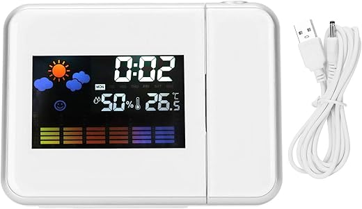 Projection Alarm Clock for Bedroom,Digital Alarm Clock with Weather Station, Indoor Thermometer Hygromete, Snooze,Perpetual Calendar,USB Charger,Dual Alarm Clocks for Bedrooms,Battery Operated (White)