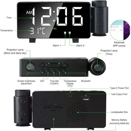 Projection Alarm Clocks,180°Rotatable Projector Led Digital Clock & Starry Sky Proj[1831]