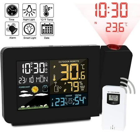 Projection Alarm Clock with Weather Station, Atomic Digital Alarm Clock with Projection on Ceiling,Indoor Outdoor Temperature Humidity Monitor Gauge,for Home Bedroom