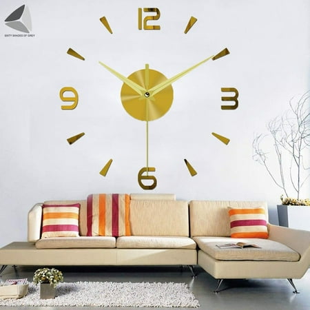 PULLIMORE 3D Frameless Wall Clock Decor, Large DIY Wall Clock Sticker Kit with Mirror Surface Sticker for Office Home Living Room Decor (Gold)