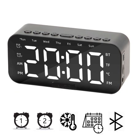 PULLIMORE Multifunction Digital Smart Alarm Clock, Wireless Bluetooth Speaker with Stereo Subwoofer Support Hands-Free Calling (Black)