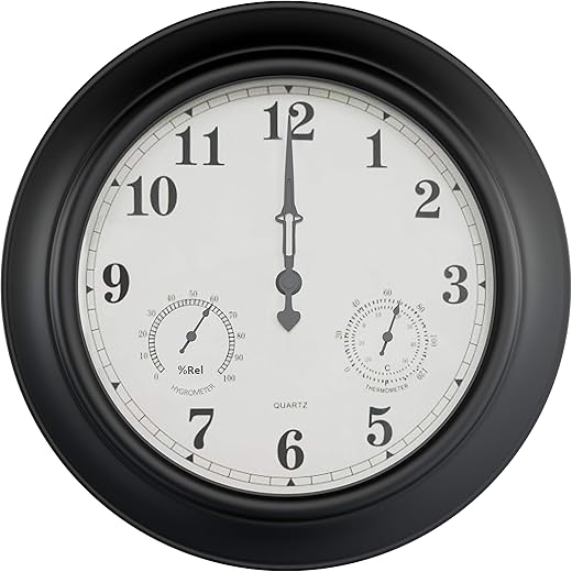 Pure Garden Thermometer 18" Metal Indoor/Outdoor Patio Wall Clock Black