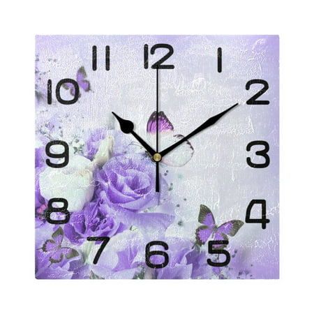 Purple Butterfly and Rose Flowers Wall Clock Square Silent Non-Ticking Battery Operated Retro 7.78 Clock Home Kitchen Office Decoration