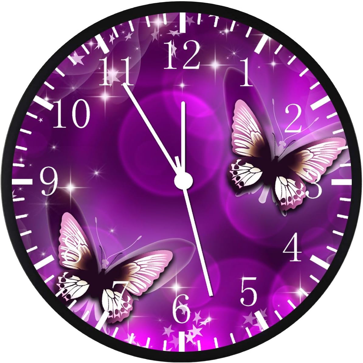 Purple Butterfly Butterflies Wall Clock Large 12 Black Frame Clear Face Silent Non-Ticking Nice for Gift or Décor E25