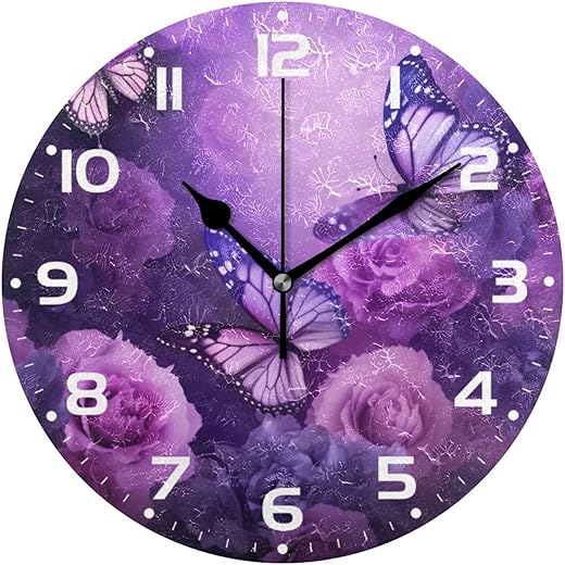 Purple Butterfly Wall Clock, Silent Non Ticking Battery Operated Creative Decorative Round Clock for Kitchen, Living Room, Bathroom, Home School Office Decor, 10 Inch