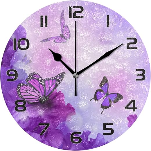 Purple Butterfly Wall Clock Silent Non Ticking Round Clock for Living Room Bedroom Bathroom Home Decor