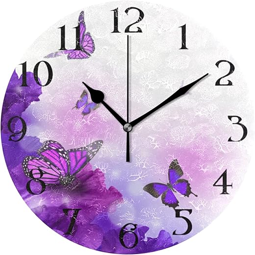 Purple Clock Purple Wall Clock Silent Butterflies Clock Butterfly Wall Clocks Battery Operated Floral Kitchen Clock Non Ticking Decorative Round Clocks 9.5 in Quartz Analog Bathroom Bedroom Decor