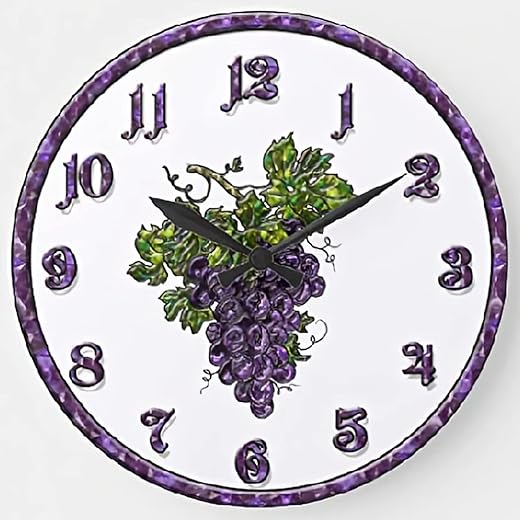 Purple Grape Wall Clock Vintage Wooden Round Clock Wall Decor 10 Inch Battery Operated Large Decorative Wall Clock Silent Round Wood Wall Clock Hanging Clocks for Bedroom Living Room