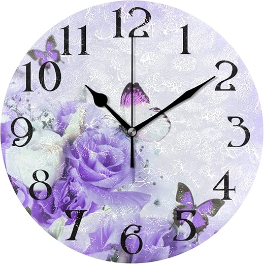 Purple Rose Flower Butterfly Wall Clock 9.5 Inch Non-Ticking Silent Clocks Round Bathroom Clock Battery Operated Quartz Analog Decorative Desk Clock for Living Room