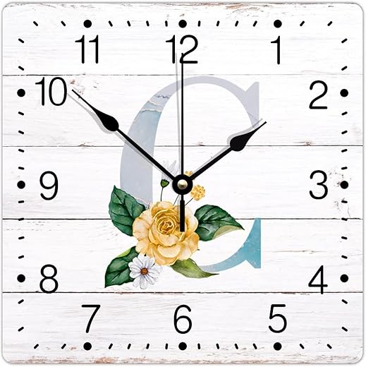 PVC Clock Monogram Initial C Hanging Clock Alphabet Sunflower Metal Monogram 10in Battery Operated Bright Square Hanging Clock for Living Room Kitchen Home Office School