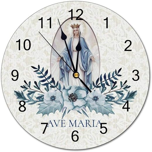 PVC Wall Clock with Blessed Virgin Mary Blue Flowers Lace Round Wall Clock for Home Wall Office Decoration 12 Inches.