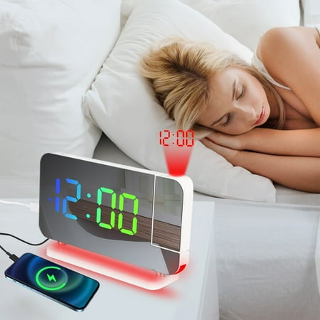 PWPSG Multi-Functional Smart Projection Alarm Clock with Phone Charging LED Temperature & Humidity Display and Digital Projection for Bedroom Use White