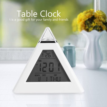 Pyramid Alarm Clock, Digital Lcd Temperature Time Display Clock With Top Led Color [3059]