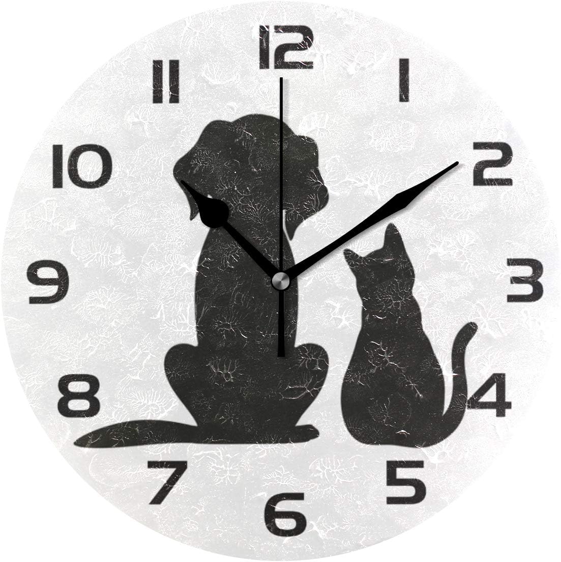 Qilmy Dog and Cat Wall Clock Silent Non Ticking Oil Painting Round Clock for Living Room Bedroom Bathroom Home Decor