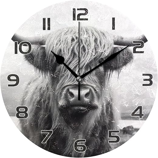 Qilmy Highland Cow Clock Silent Round Wall Clock Non Ticking Battery Device Clocks Creative Decoration Wall Clock for Living Room Bedroom Office Kitchen