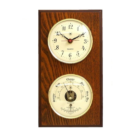 Quartz Clock and Barometer with Thermometer on Oak Wood with Brass Bezel. Wall Mounts Vertically or Horizontally.