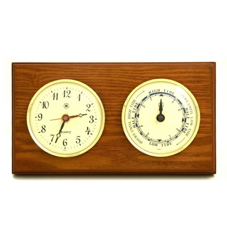 Quartz Clock and Tide Clock on Oak Wood with Brass Bezel. Wall Mounts Vertically or Horizontally.