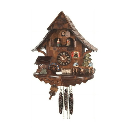 Quartz Cuckoo Clock Black Forest house with moving sawyer couple and mill wheel, with music EN 4927 QMT