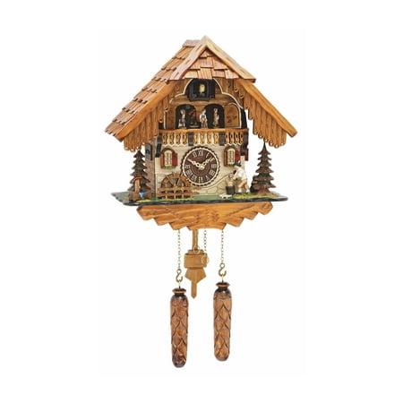 Quartz Cuckoo Clock Black Forest house with moving wood chopper and mill wheel, with music TU 498 QMT HZZG