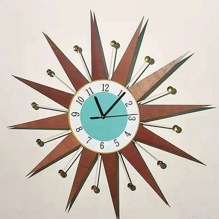 Quartz Movement Modern Wall Clock, 18 inch Flat PVC Medieval Style Starburst Sunburst Clock Wall Clock with a Keyhole Hanging Design, Mid Century Home and Kitchen Decor