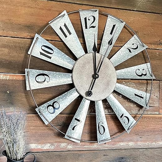 Qukueoy 24 Inch Metal Windmill Clock Large Farmhouse Clocks Outdoor Indoor Decor Wall Hanging,Galvanized Silver