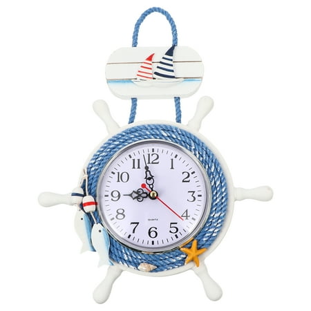 Qumonin Ocean Decor Wooden Hanging Clock Nautical Boat Anchor Steering Wheel Wall Clocks