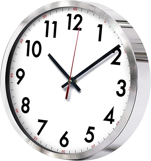 QWANPET Stainless Steel Wall Clock,12 Modern Quartz Wall Clocks,Quality Non-Ticking Silent Wall Clock for Home Living Room Bedroom Kitchen School,Battery Operated,Silver