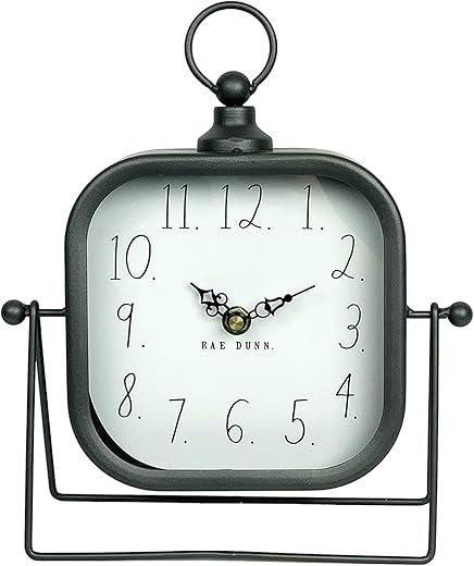 Rae Dunn Desk Clock - Battery Operated Modern Metal Rustic Design with Top Loop for Bedroom, Office, Kitchen - Small Classic Analog Display - Chic Home Décor for Desktop Table, Countertop