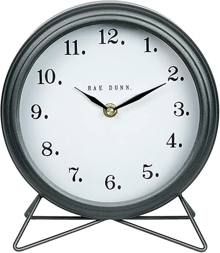 Rae Dunn Desk Clock - Battery Operated Round Modern Rustic Design, Top Handle for Bedroom, Office, Kitchen - Small Classic Analog Display - Chic Home Décor for Desktop Table, Countertop