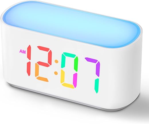 Rainbow Alarm Clock for Bedrooms, Large Display Digital Clocks, 7 Color Night Light, Dual Alarm, Battery Backup, Dimmer, Adjustable Volume, Simple Basic Colorful Alarm Clock for Kids, Teens