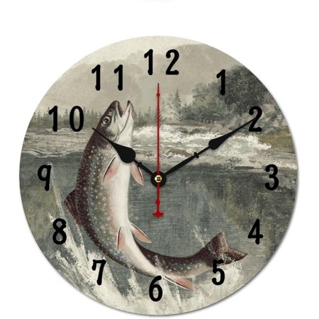 Rainbow Trout Fish3 Clocks Battery Operated Vintage Rustic Chic Style Silent Wall Clock Non Ticking Bedroom Wall Hanging House Wooden Wall Clocks For Living Room, Bathroom, Outdoor, 12In