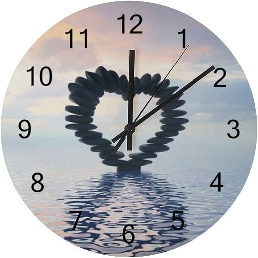 Rashu ﻿Stones in Heart Shaped Wall Clock Non Ticking Wood Clock Large Easy to Read Frameless 12 Inch Round Clock Battery Operated Mute Living Room Kitchen Bathroom Office Decor Clovk