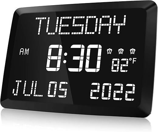 Raynic Digital Clock, 11.5 Large Display Digital Wall Clock,Adjustable Brightness Calendar Clock with Day and Date, Indoor Temperature, Snooze,12/24H, DST for Home, Office, Elderly