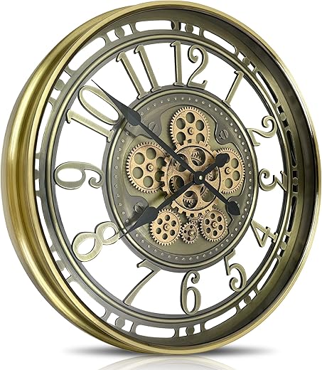 Real Moving Gears Wall Clock Large Modern Metal Clocks for Living Room Decor, Industrial Steampunk Unique Vintage Rustic Decorative Clock for Home Farmhouse Office, 27.6 Inch,Bronze Gold Arabic