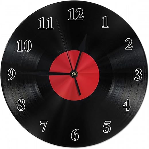 Record Wall Clock Black Album Disc with Blank Red Label Vintage Music Farmhouse Unique Large Clock Wall Non-Ticking Decor for Home Office School Classroom, 10 Inch, A1253