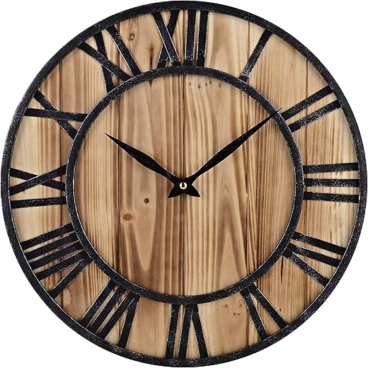 Red Oak 16-Inch Rustic Vintage Metal & Wood Silent Non-Ticking Decorative Wall Clock with Large Roman Numerals