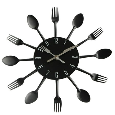 Reduced Price!WINNW Modern Design Sliver Cutlery Kitchen Utensil Wall Clock Spoon Fork Clock,Black