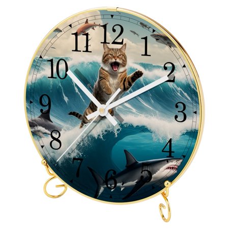 Retro Analog Clock, Desk Clock, Wall Clock, Silent Non Ticking Clock for Bedroom, Living Room, Bedside, Gift Clock, Animal Artistic Cat Ocean Vintage Japanese