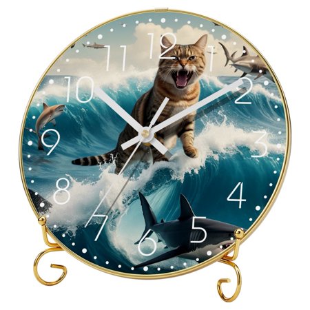 Retro Analog Clock, Desk Clock, Wall Clock, Silent Non Ticking Clock for Bedroom, Living Room, Bedside, Gift Clock, Animal Artistic Cat Ocean Vintage Japanese