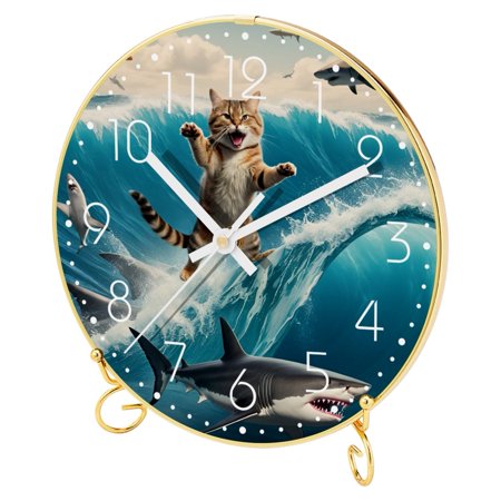 Retro Analog Clock, Desk Clock, Wall Clock, Silent Non Ticking Clock for Bedroom, Living Room, Bedside, Gift Clock, Animal Artistic Cat Ocean Vintage Japanese