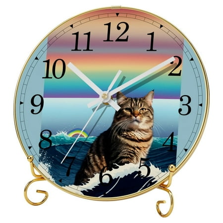 Retro Analog Clock, Desk Clock, Wall Clock, Silent Non Ticking Clock for Bedroom, Living Room, Bedside, Gift Clock, Japanese Cartoon Animal Cat and Ocean Wave Vintage