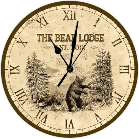 Retro Bear Themed Clock Adventure Cabin Decor Custom Wall Clock 15 Inch Wooden Wall Clocks Battery Operated Silent Farmhouse Wall Decor Home Decor For Bedroom Living Room Kitchen School Office