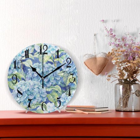 Retro Blue Hydrangea Flower Round Wall Clock Non-Ticking Silent Battery Ope